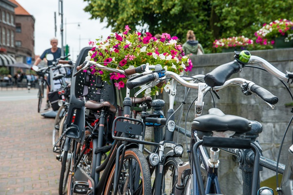 Fietsen met kinderzitjes staan tegen de reling van de Roerkade aan met de stadsbloemen op de achtergrond